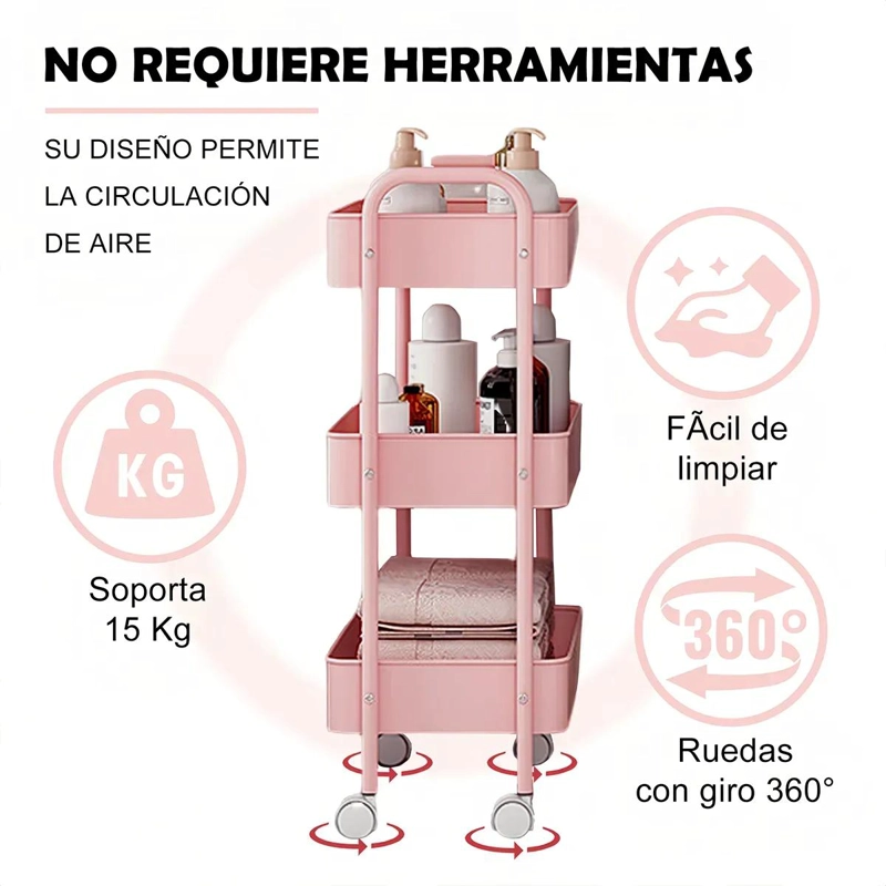 CARRITO ORGANIZADOR ROSA DE 3 NIVELES CON RUEDAS BLOQUEABLES - 2