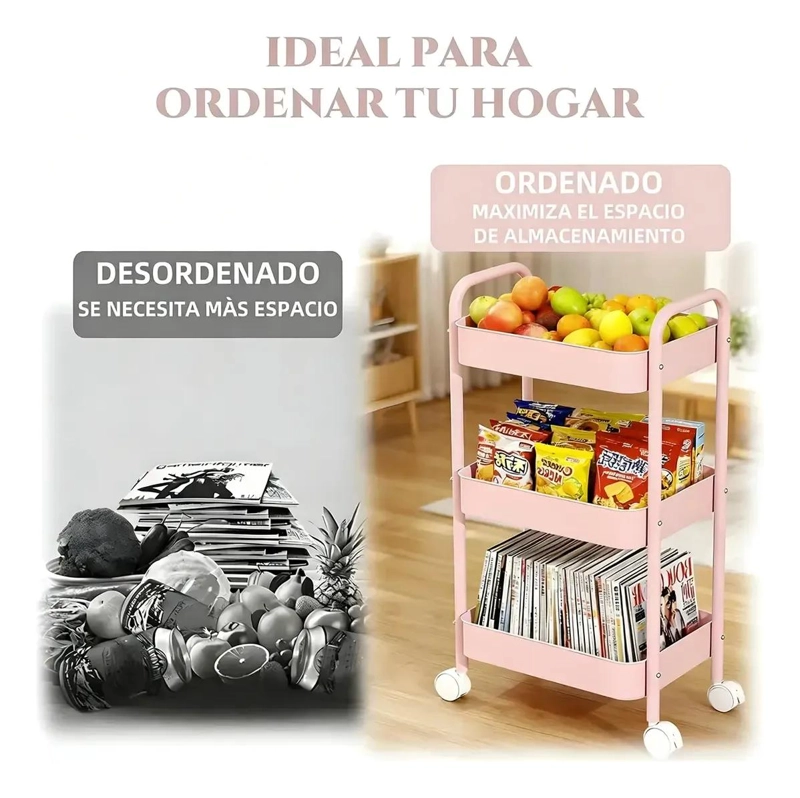 CARRITO ORGANIZADOR ROSA DE 3 NIVELES CON RUEDAS BLOQUEABLES - 4