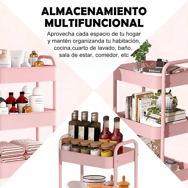 CARRITO ORGANIZADOR ROSA DE 3 NIVELES CON RUEDAS BLOQUEABLES - 5
