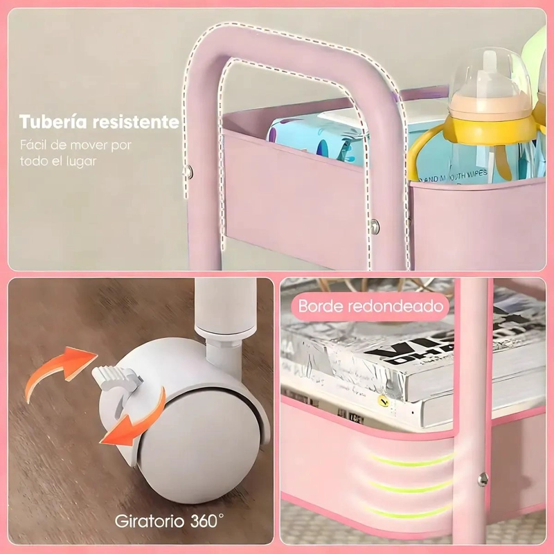CARRITO ORGANIZADOR ROSA DE 3 NIVELES CON RUEDAS BLOQUEABLES - 7