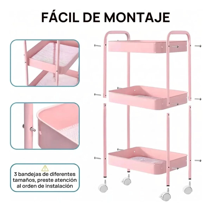 CARRITO ORGANIZADOR ROSA DE 3 NIVELES CON RUEDAS BLOQUEABLES - 9