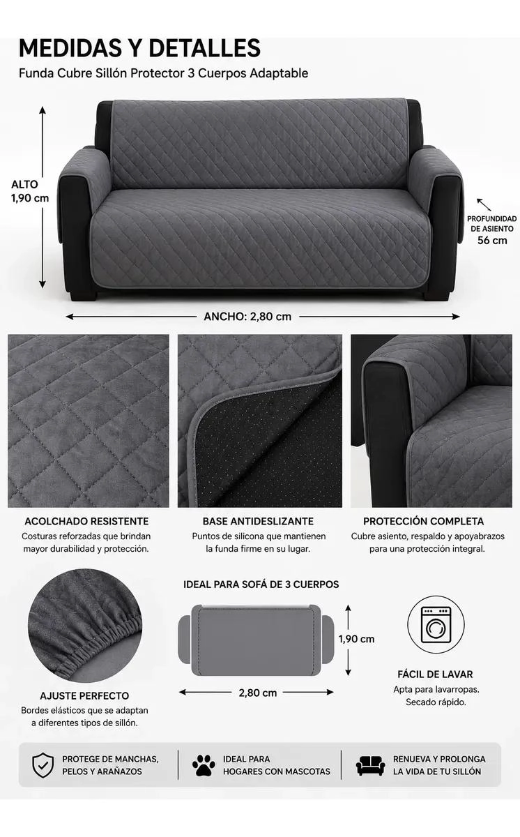 FUNDA PROTECTORA PARA SILLON DE 3 CUERPOS LAVABLE Y ACOLCHADA - 3