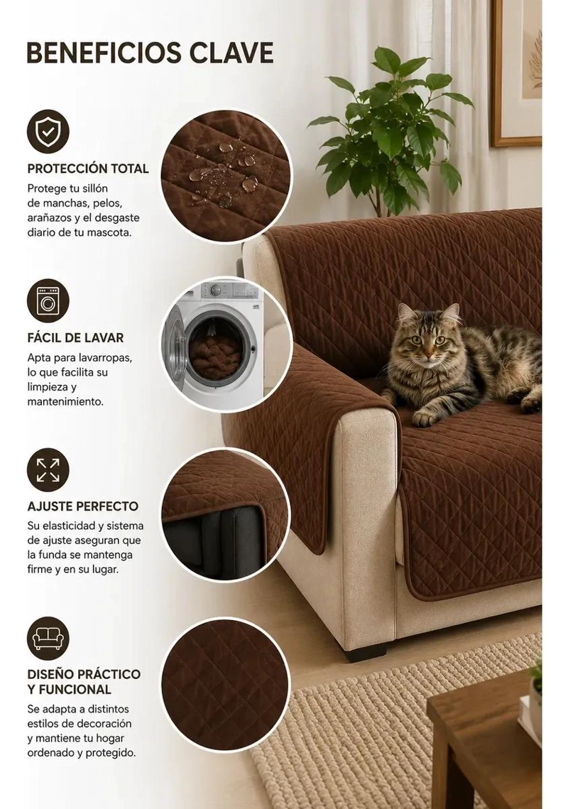 FUNDA PROTECTORA PARA SILLON DE 3 CUERPOS LAVABLE Y ACOLCHADA - 4