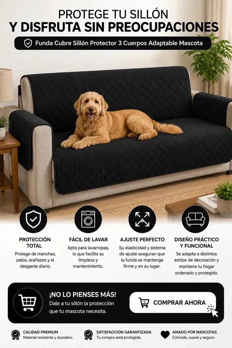 FUNDA PROTECTORA PARA SILLON DE 3 CUERPOS LAVABLE Y ACOLCHADA - 6
