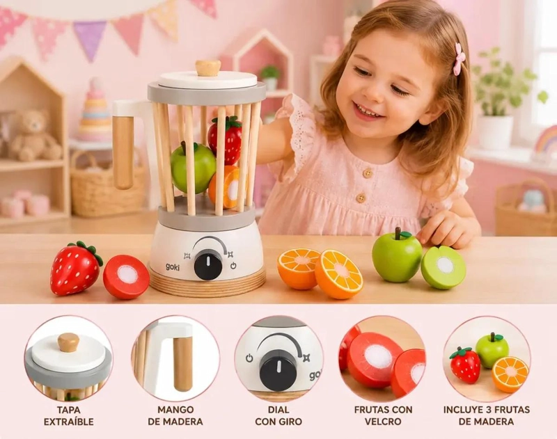 LICUADORA DE MADERA INFANTIL CON FRUTAS DE VELCRO - 4