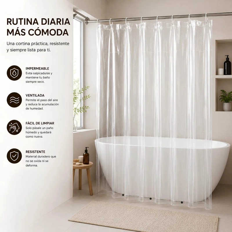 CORTINA DE DUCHA TRANSPARENTE IMPERMEABLE 180X180CM CON GANCHOS - 3