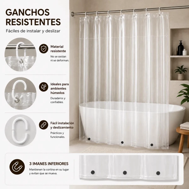 CORTINA DE DUCHA TRANSPARENTE IMPERMEABLE 180X180CM CON GANCHOS - 6