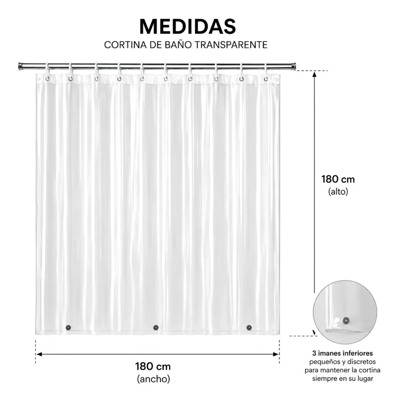 CORTINA DE DUCHA TRANSPARENTE IMPERMEABLE 180X180CM CON GANCHOS - 7