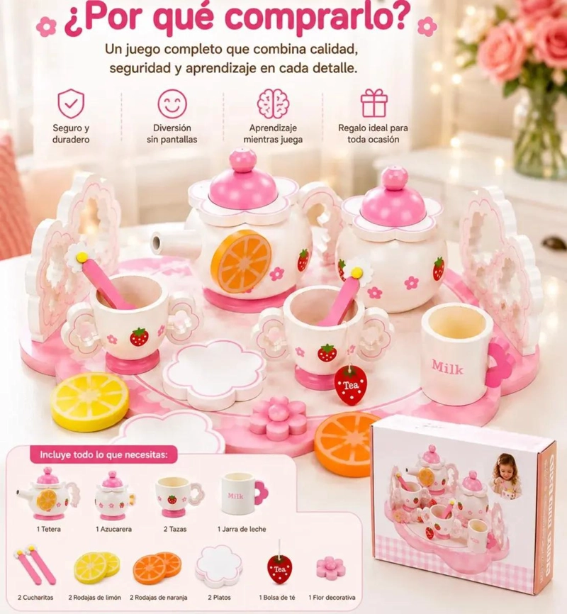 SET DE TE  INFANTIL DE MADERA 14 PIEZAS PARA JUEGO DE ROLES - 6