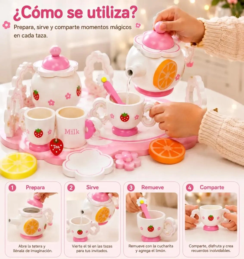 SET DE TE  INFANTIL DE MADERA 14 PIEZAS PARA JUEGO DE ROLES - 8