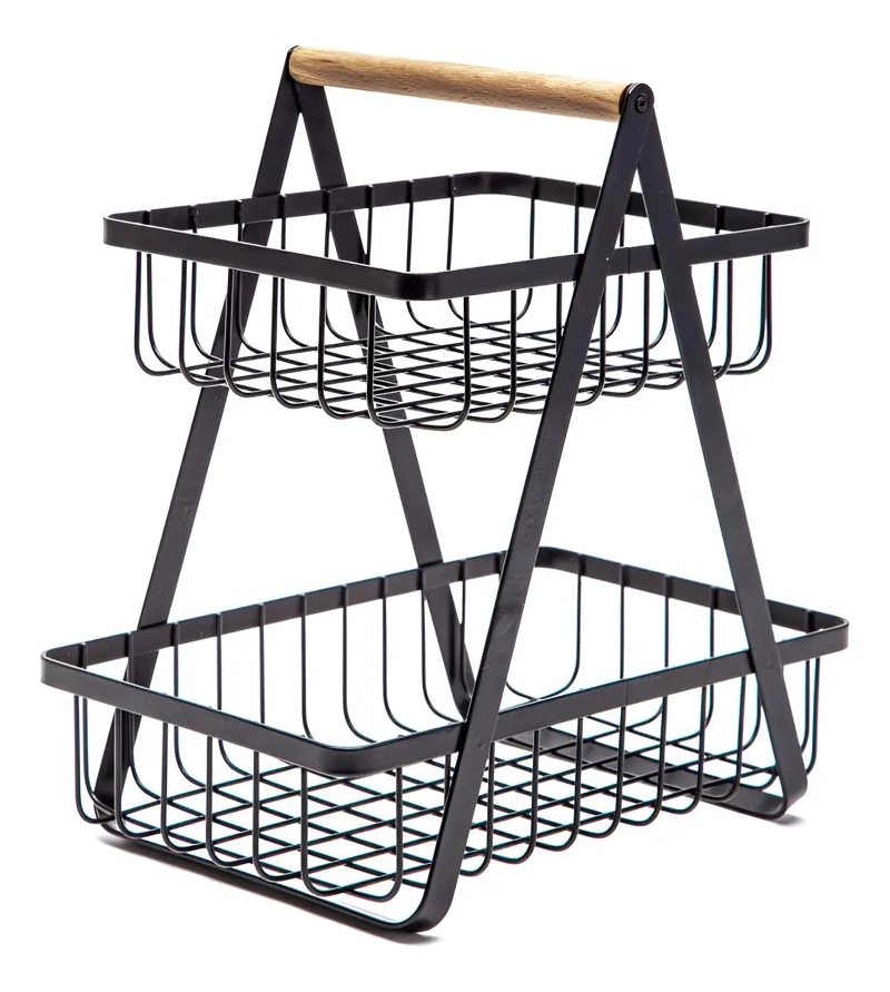 CANASTO DOBLE ORGANIZADOR DE FRUTAS Y VERDURAS EN METAL NEGRO - 1