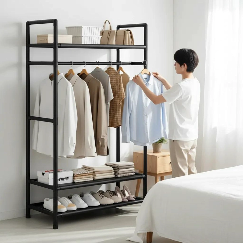 PERCHERO ORGANIZADOR DE ROPA CON ESTANTES Y BARRA - 1
