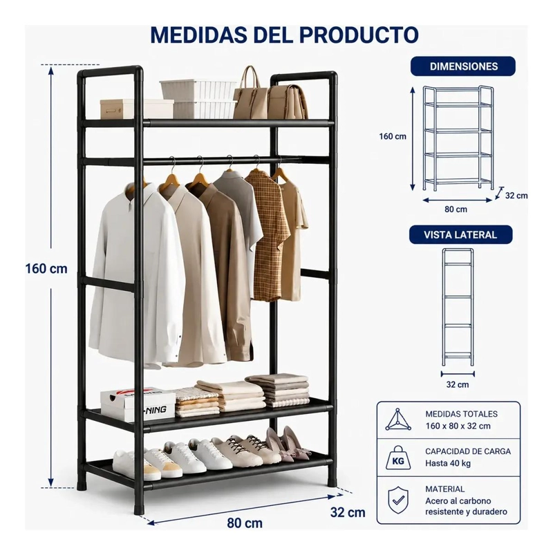 PERCHERO ORGANIZADOR DE ROPA CON ESTANTES Y BARRA - 2
