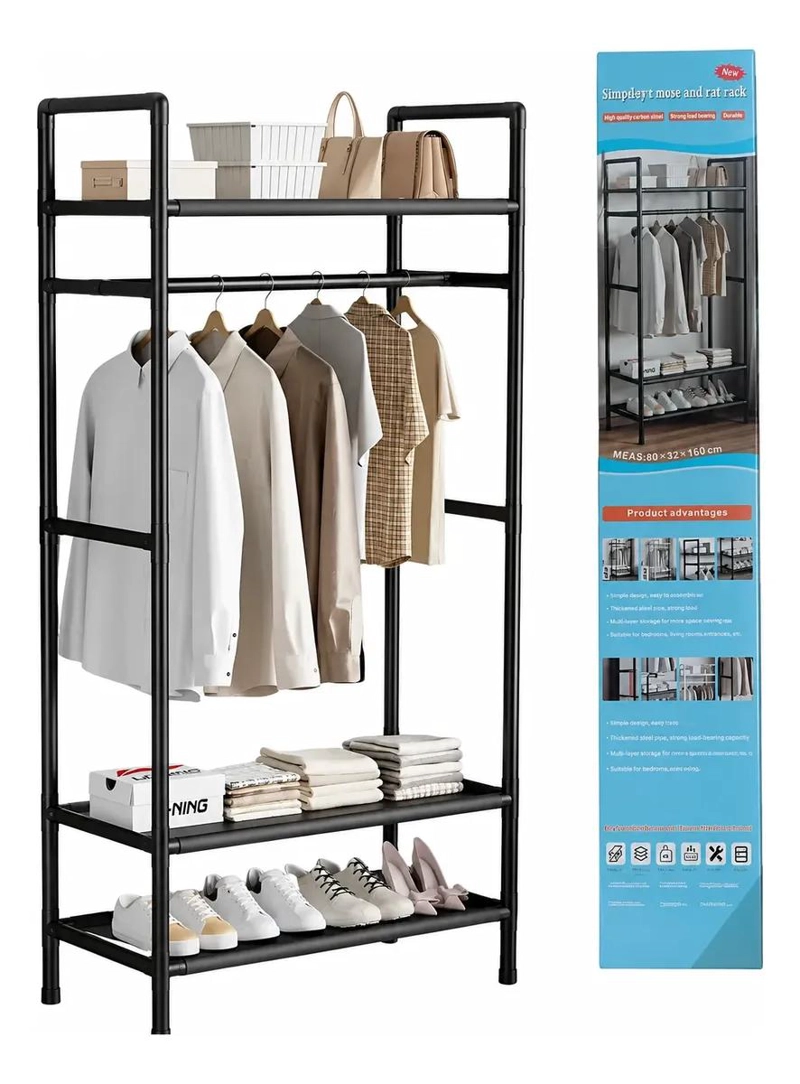 PERCHERO ORGANIZADOR DE ROPA CON ESTANTES Y BARRA - 5