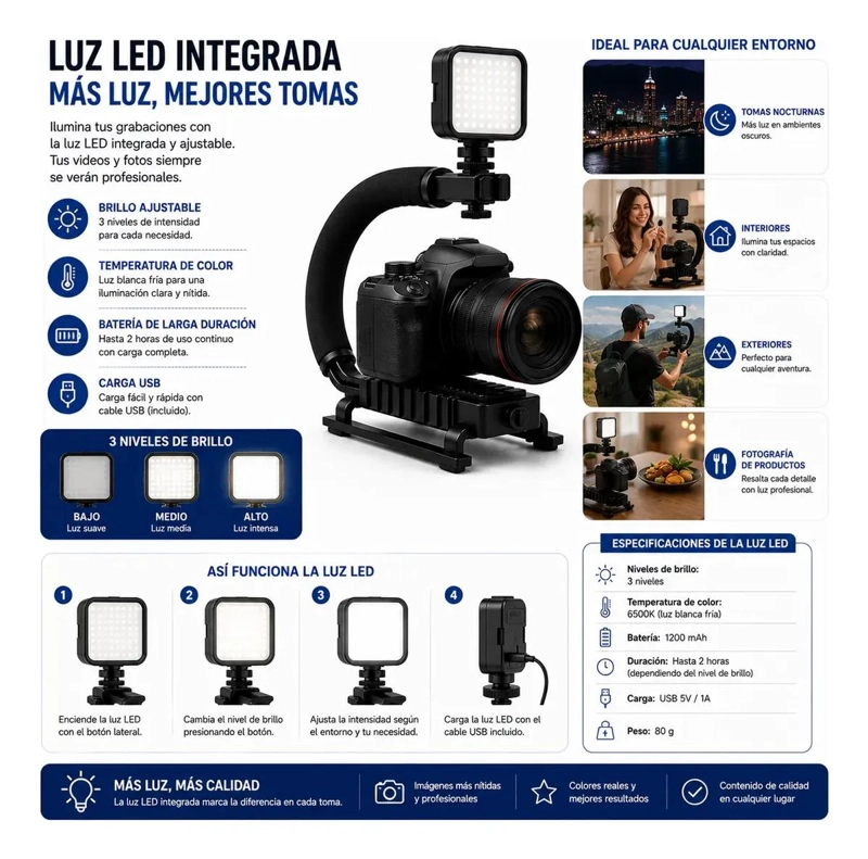 ESTABILIZADOR TIPO U PARA CAMARA Y CELULAR CON LUZ LED - 10