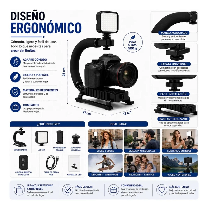 ESTABILIZADOR TIPO U PARA CAMARA Y CELULAR CON LUZ LED - 9