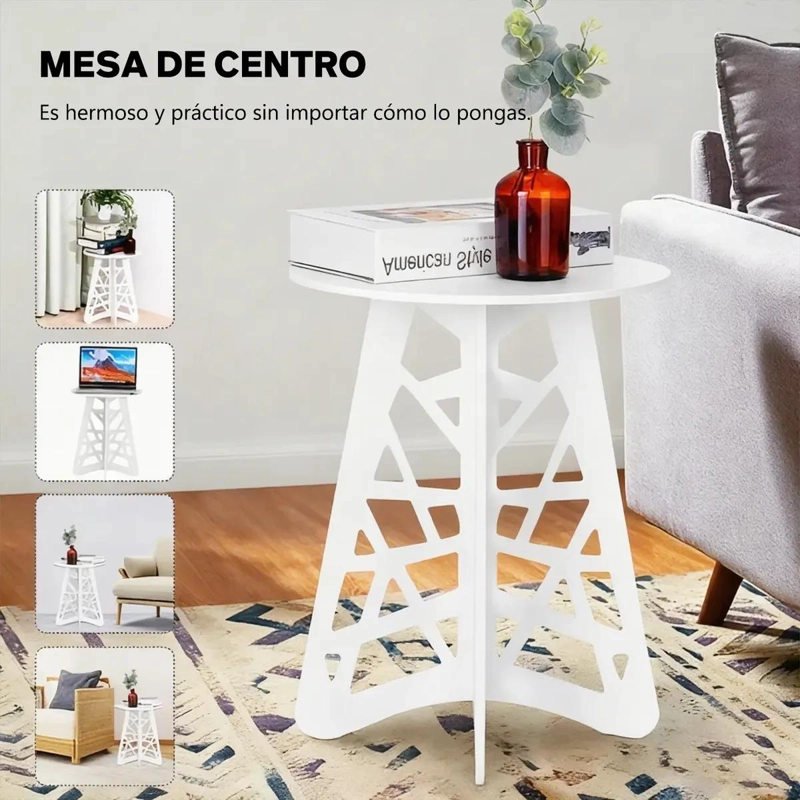 MESA CENTRO MINIMALISTA REDONDA DE MADERA BLANCA 36CM - 2