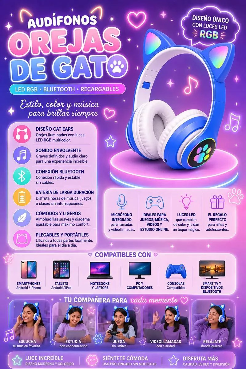 AUDIFONOS INALAMBRICOS CAT EARS CON ILUMINACION LED RGB - 2