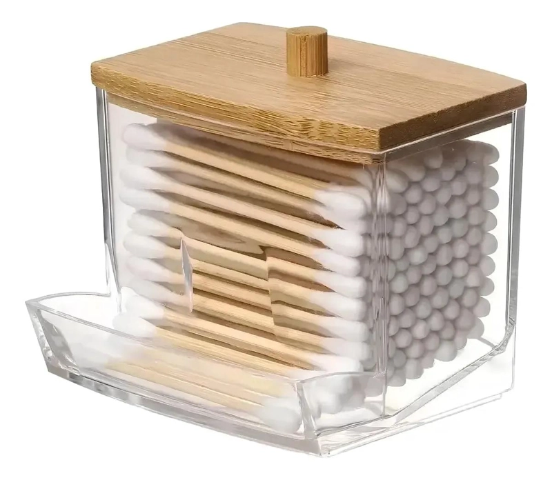 DISPENSADOR DE ALGODON CON TAPA DE BAMBU Y DISEÑO ELEGANTE - 1