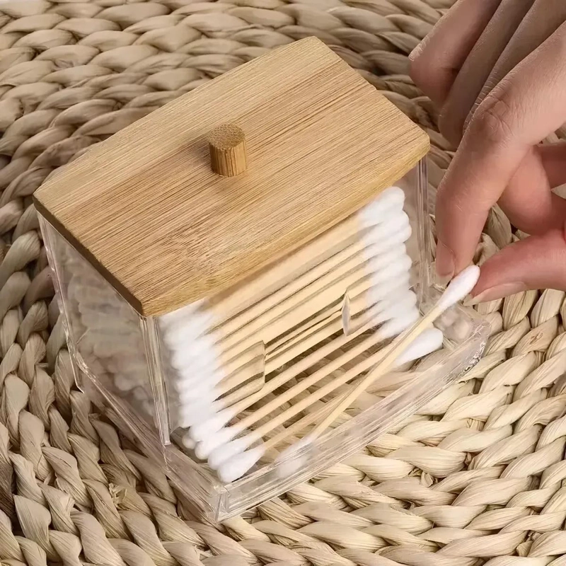 DISPENSADOR DE ALGODON CON TAPA DE BAMBU Y DISEÑO ELEGANTE - 2