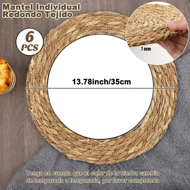 SET DE 6 MANTELES INDIVIDUALES REDONDOS DE FIBRA NATURAL YUTE 35 CM - 2