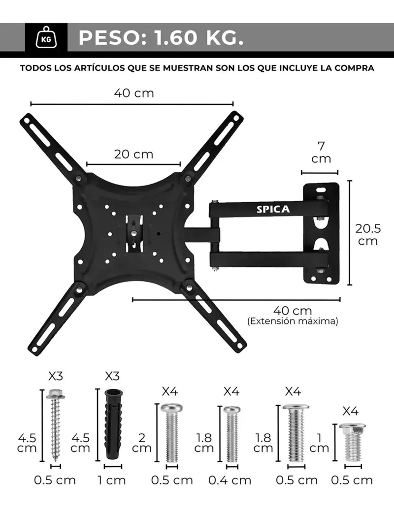 SOPORTE DE PARED ARTICULADO PARA TELEVISORES DE 14 A 55 PULGADAS - 7