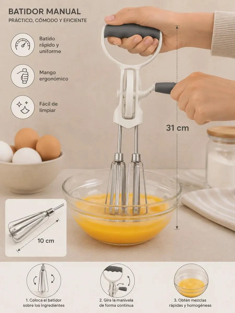 BATIDOR MANUAL PARA MEZCLAR INGREDIENTES EN COCINA Y REPOSTERIA - 3
