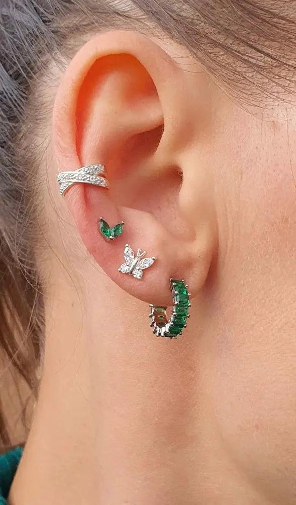 MINI AROS PUNTOS DE LUZ EN PLATA 925 CON ESMERALDA VERDE - 2