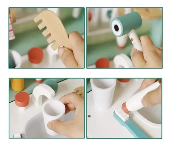 JUEGO DE TOCADOR Y LAVAMANOS DE MADERA PARA NIÑOS - 4