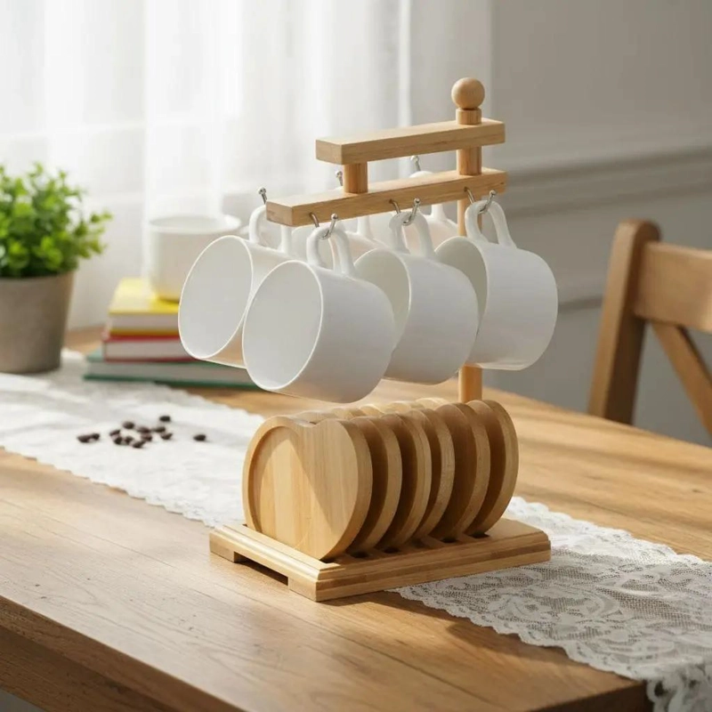 JUEGO DE TAZAS DE CERAMICA CON ORGANIZADOR DE BAMBU - 1