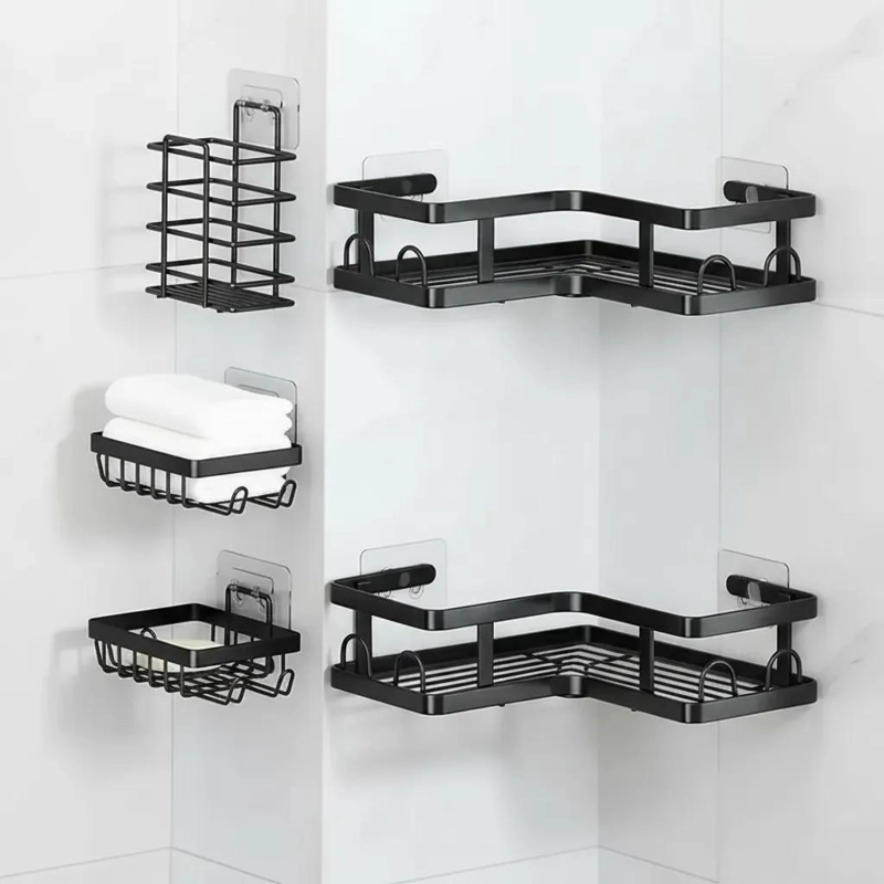 ORGANIZADOR ESQUINERO ADHESIVO PARA BAÑO EN COLOR NEGRO - 1