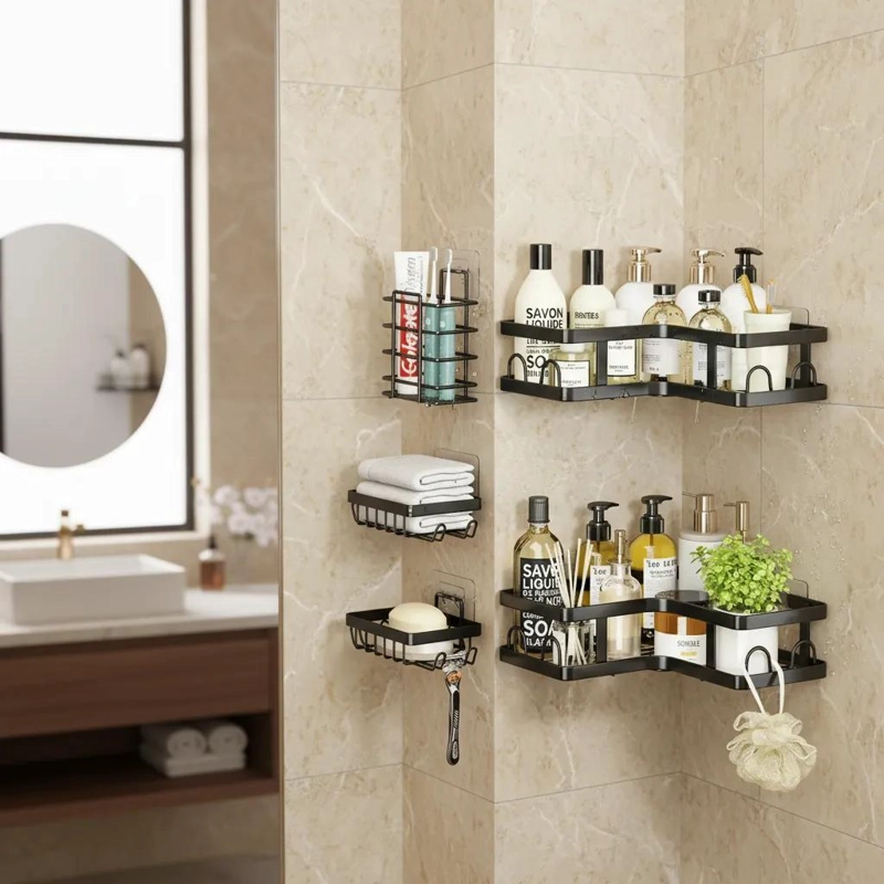ORGANIZADOR ESQUINERO ADHESIVO PARA BAÑO EN COLOR NEGRO - 2