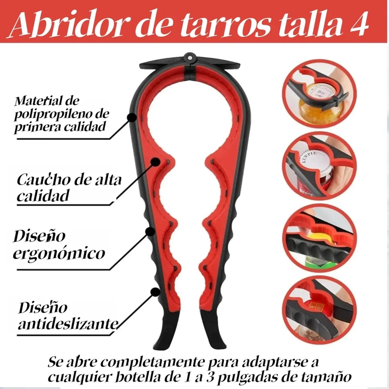 ABRIDOR MULTIFUNCIONAL 4 EN 1 PARA BOTELLAS LATAS Y FRASCOS CON MANGO ANTIDESLIZ - 2