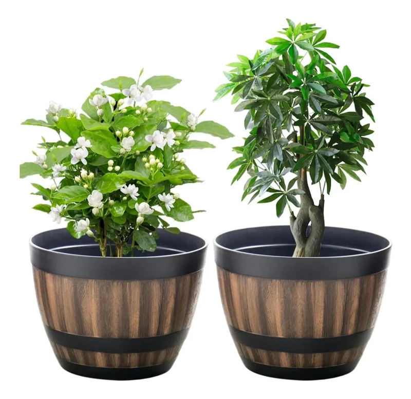 JUEGO DE 2 MACETAS DE BARRIL DE IMITACION MADERA PARA JARDIN - 1