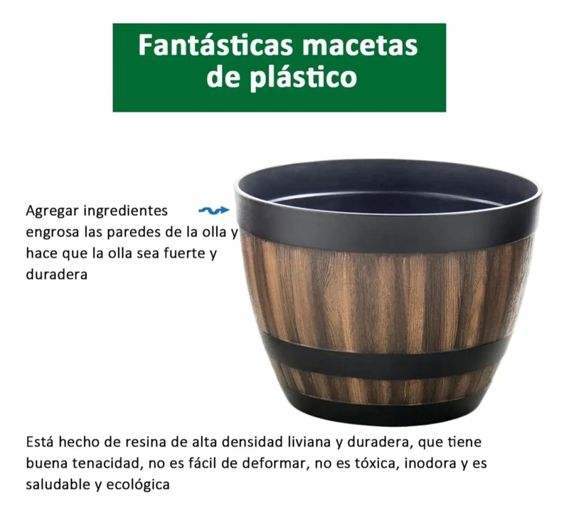 JUEGO DE 2 MACETAS DE BARRIL DE IMITACION MADERA PARA JARDIN - 3