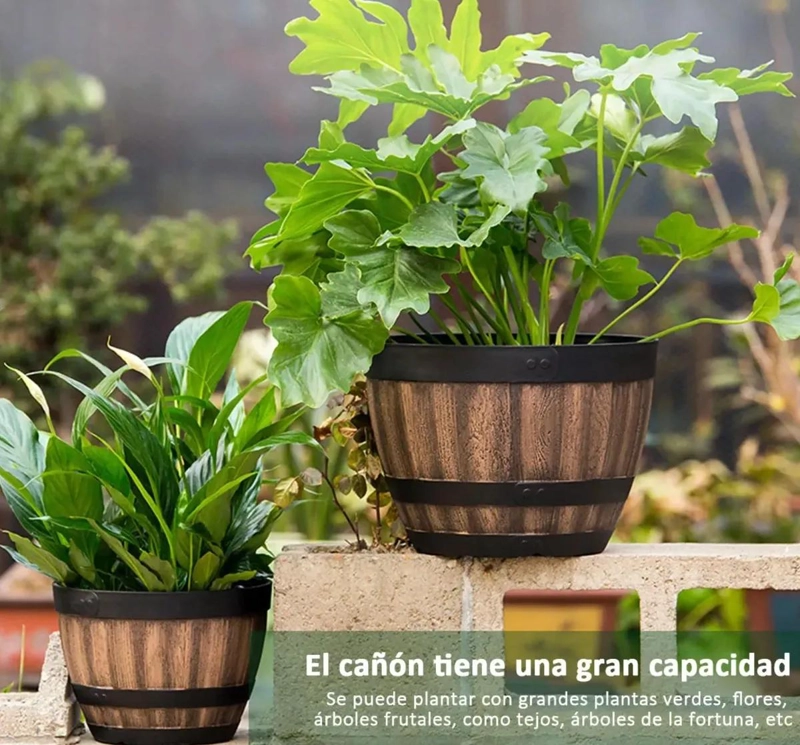 JUEGO DE 2 MACETAS DE BARRIL DE IMITACION MADERA PARA JARDIN - 4