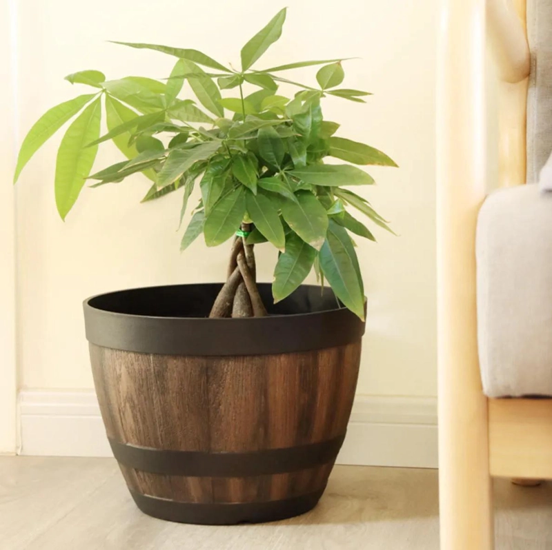 JUEGO DE 2 MACETAS DE BARRIL DE IMITACION MADERA PARA JARDIN - 5