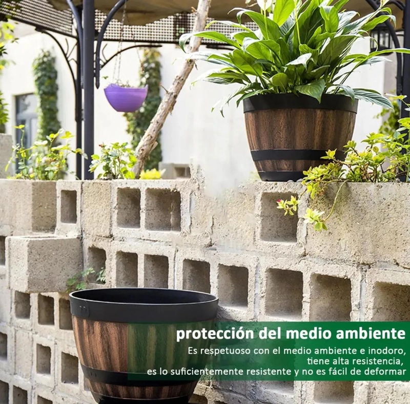 JUEGO DE 2 MACETAS DE BARRIL DE IMITACION MADERA PARA JARDIN - 6
