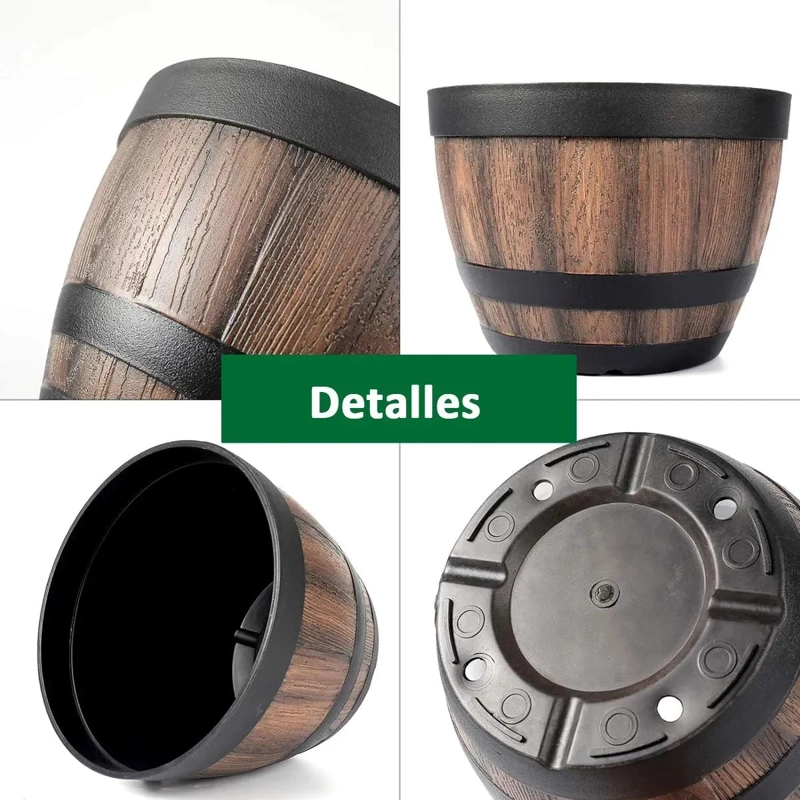 JUEGO DE 2 MACETAS DE BARRIL DE IMITACION MADERA PARA JARDIN - 7