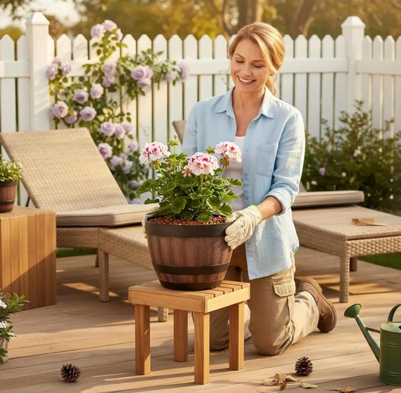 JUEGO DE 2 MACETAS DE BARRIL DE IMITACION MADERA PARA JARDIN - 9
