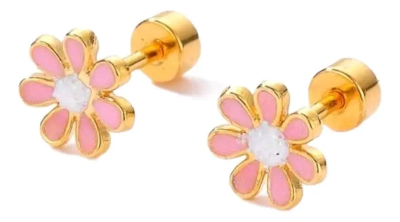 AROS DE FLOR PARA NIÑA CON TOPE DE SEGURIDAD EN BAÑO DE ORO 18K - 1