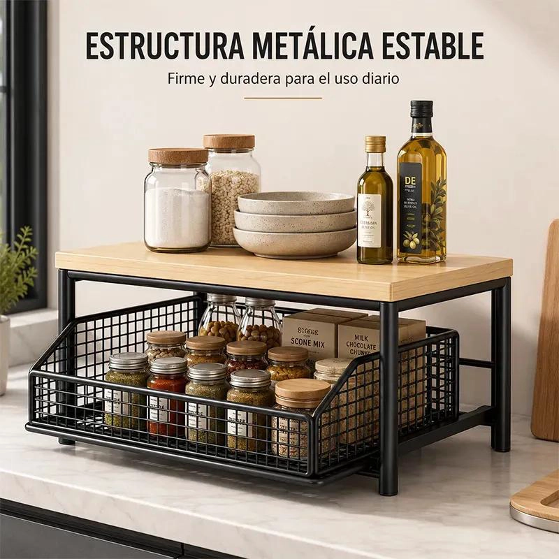 ESTANTE DE ESCRITORIO DE MADERA CON CANASTA DESLIZABLE - 6