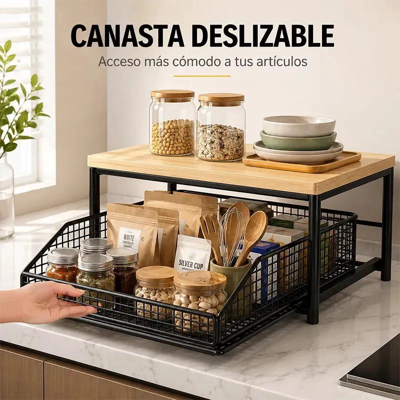 ESTANTE DE ESCRITORIO DE MADERA CON CANASTA DESLIZABLE - 7