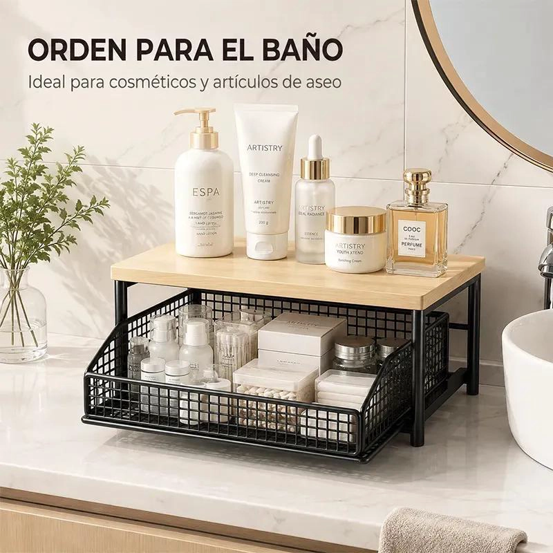 ESTANTE DE ESCRITORIO DE MADERA CON CANASTA DESLIZABLE - 8