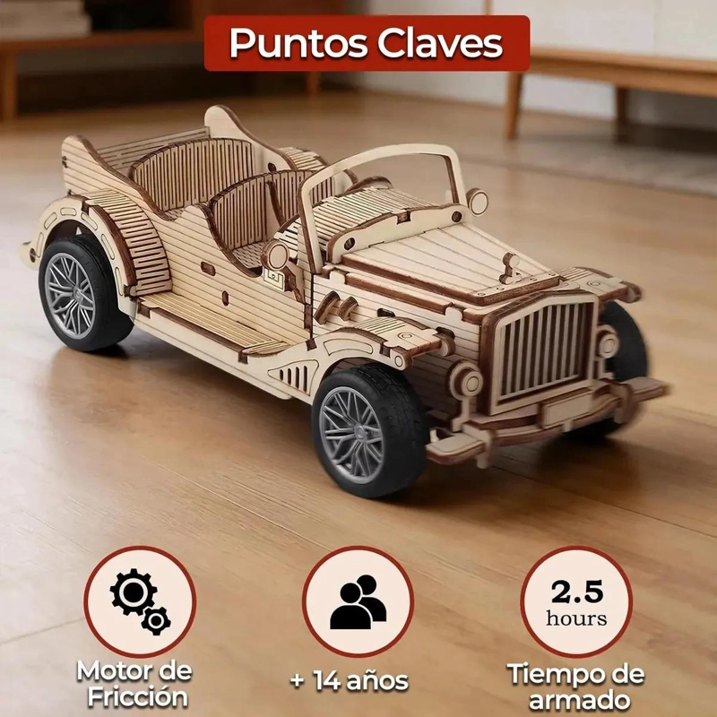 PUZZLE 3D MADERA AUTO RETRO ARMABLE CON MOTOR PULL BACK - 4