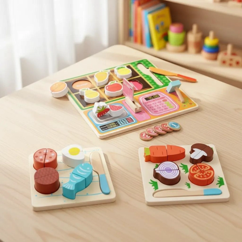 PUZZLE DIDACTICO DE MADERA CON CAJA REGISTRADORA PARA NIÑOS - 1