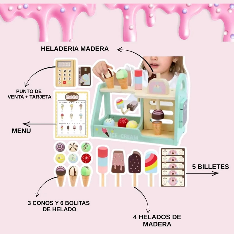 SET DE HELADERIA DE MADERA MONTESSORI PARA NIÑOS CON ACCESORIOS - 3