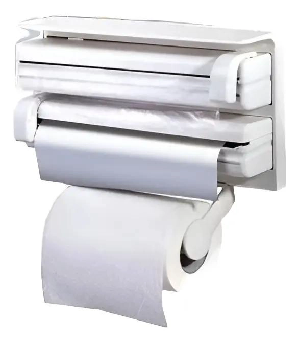 PORTARROLLO DISPENSADOR TRIPLE PARA COCINA CON CORTA FACIL - 1