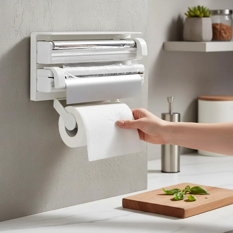 PORTARROLLO DISPENSADOR TRIPLE PARA COCINA CON CORTA FACIL - 2