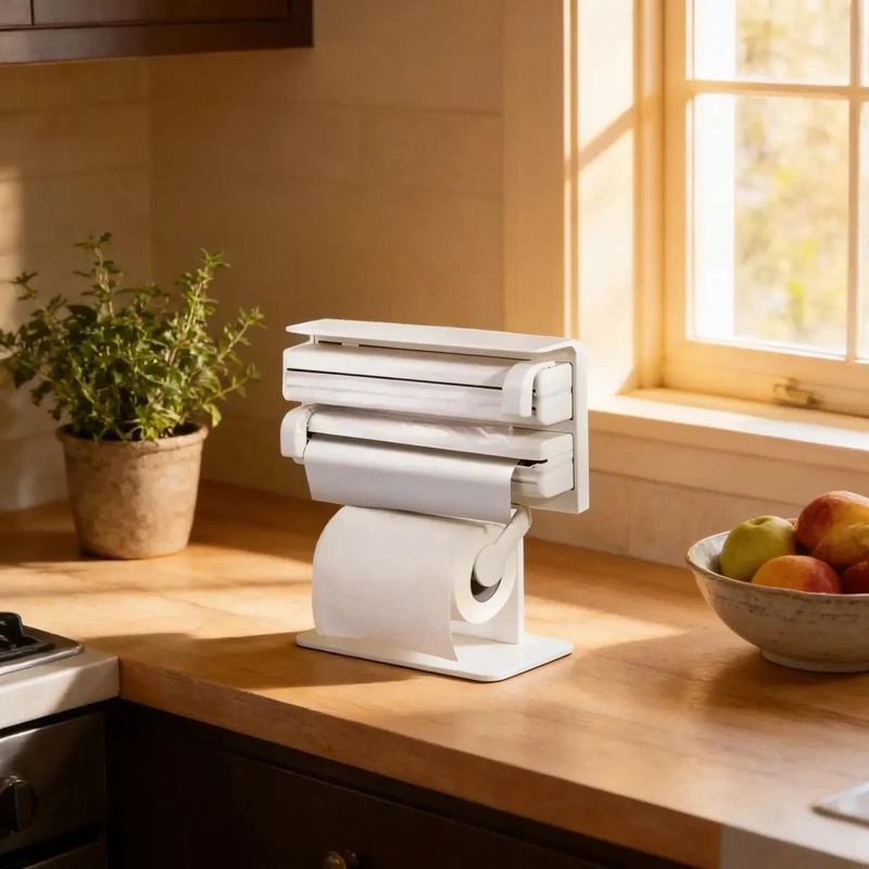 PORTARROLLO DISPENSADOR TRIPLE PARA COCINA CON CORTA FACIL - 4